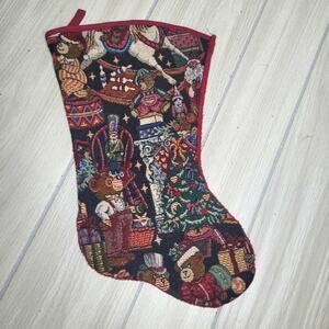 Vintage Tapestry Cross Stitch Stocking Teddy Bear Family Celebrating Christmas